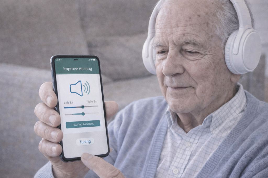 persona mayor usando auriculares y mirando su móvil para mejorar su audición.