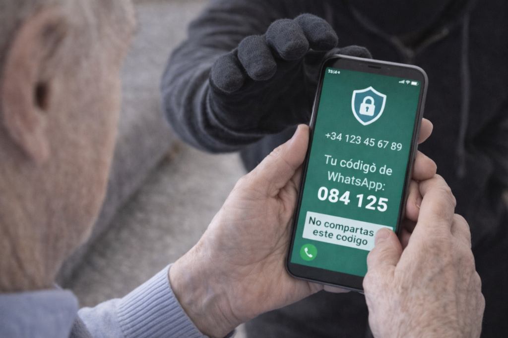 persona protegiendo su movil de un robo de codigo de whatsapp.
