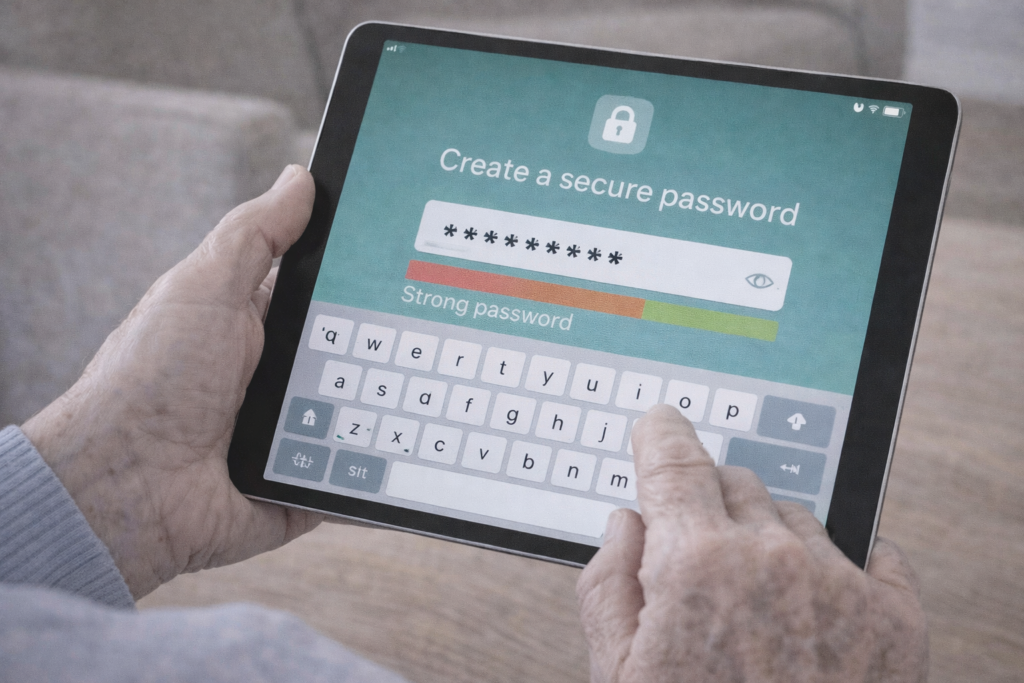persona mayor escribiendo una contraseña segura en su tablet