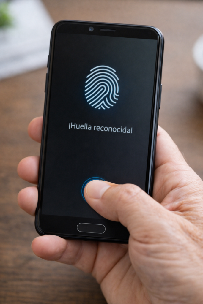 persona mayor usando la huella digital o el reconocimiento facial.