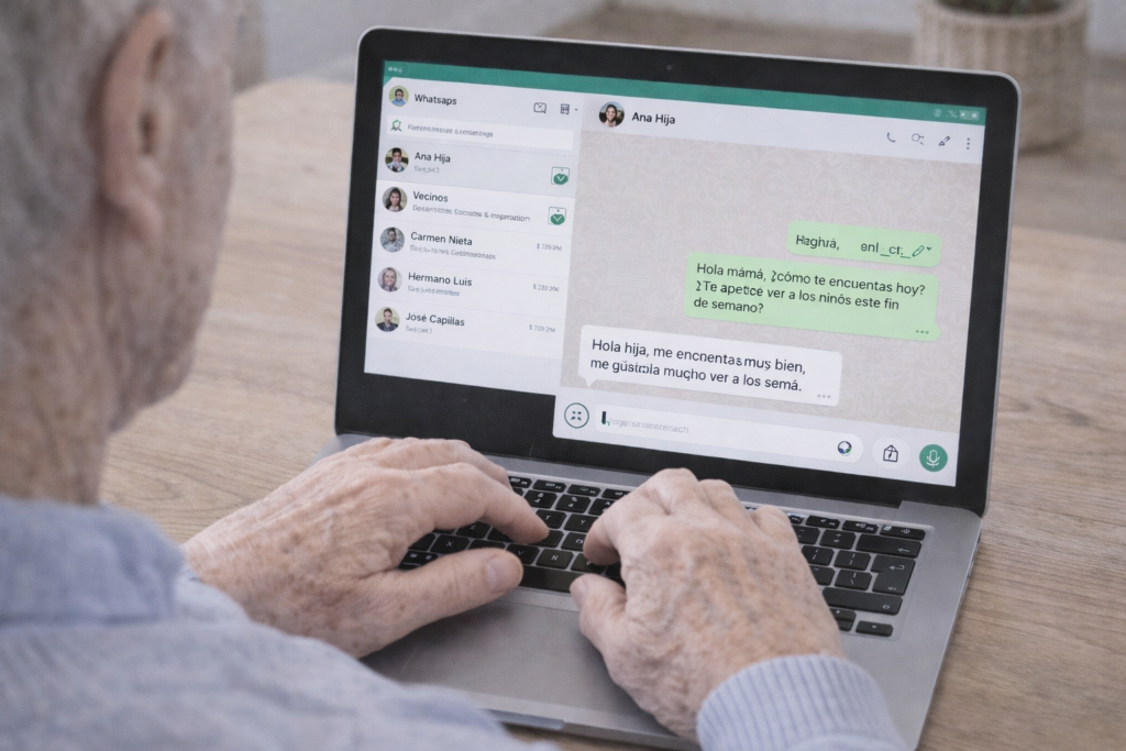 persona mayor escribiendo en whatsapp desde un ordenador portatil