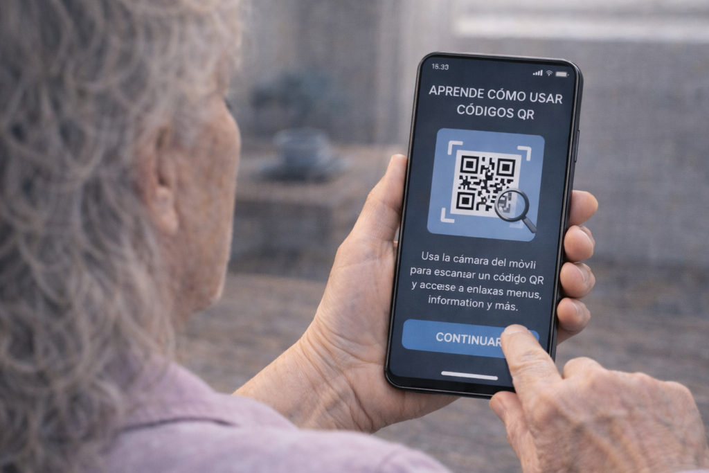persona mayor usando el móvil para aprender cómo usar el código qr de forma facil
