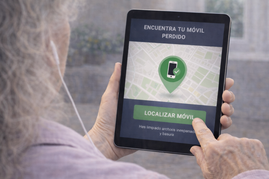 persona mayor usando una tableta para encontrar el móvil perdido de forma segura mediante localización