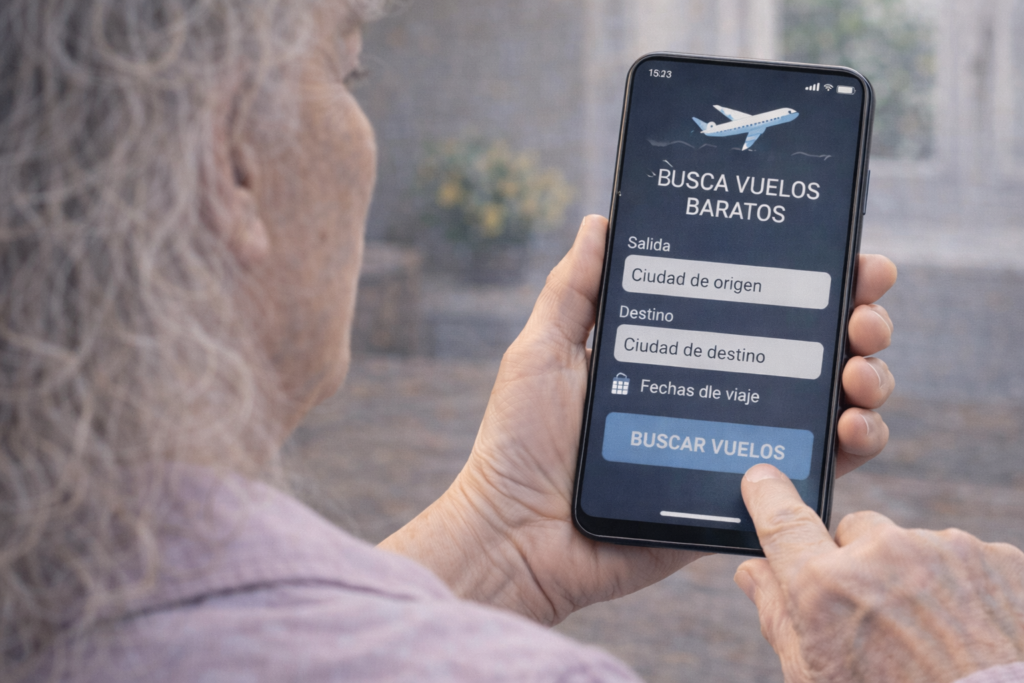 persona mayor usando el móvil para buscar vuelos baratos y organizar un viaje de forma sencilla
