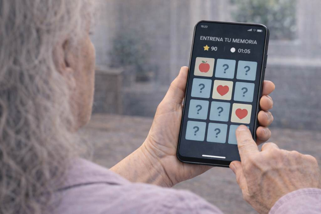 persona mayor disfrutando de los mejores juegos para el móvil para entrenar la memoria