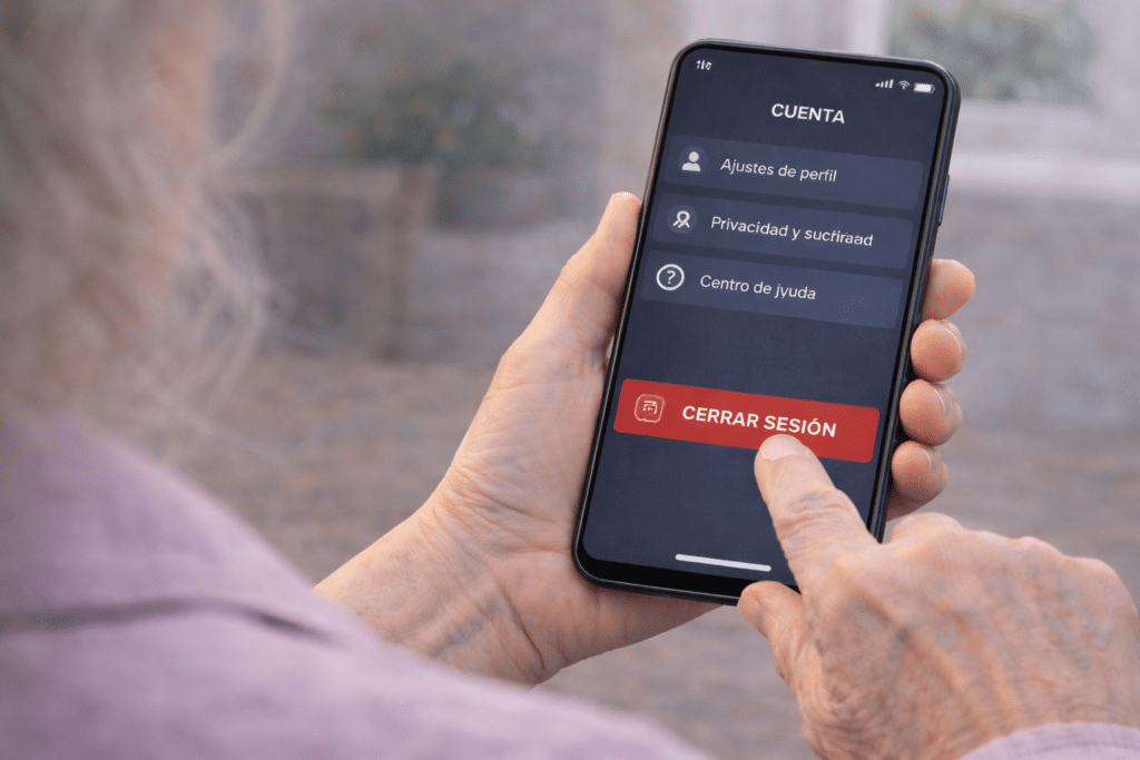 mano de persona mayor pulsando el botón de cerrar sesión en el móvil para mayor seguridad