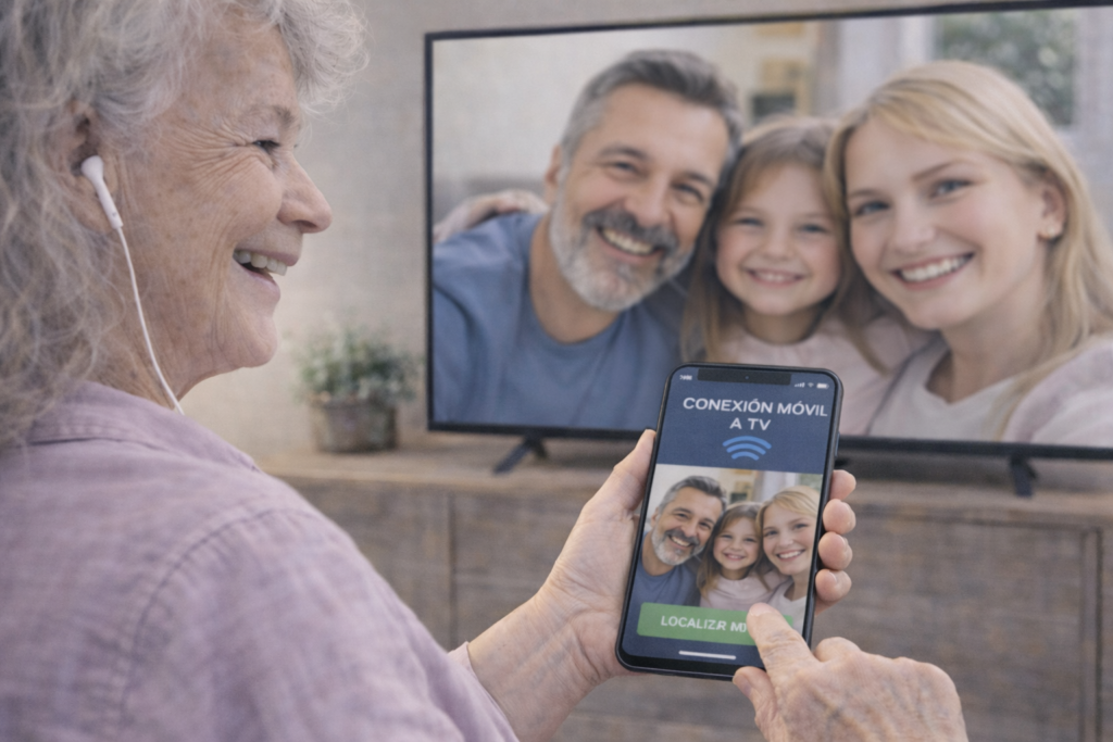 persona mayor sonriendo mientras descubre cómo conectar el móvil a la televisión para ver fotos familiares.