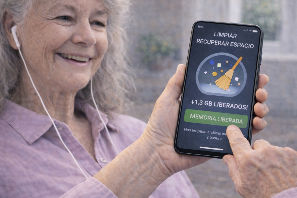 persona mayor sonriendo mientras limpia y recupera espacio para vaciar la memoria del móvil