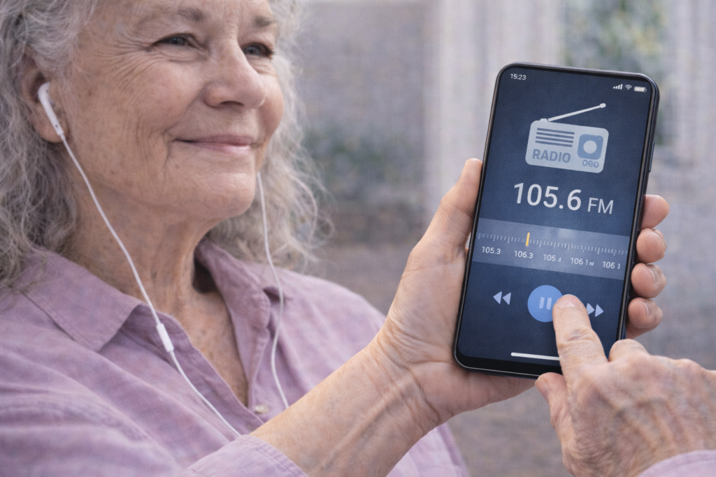 persona mayor disfrutando tras aprender a poner la radio en el móvil con auriculares