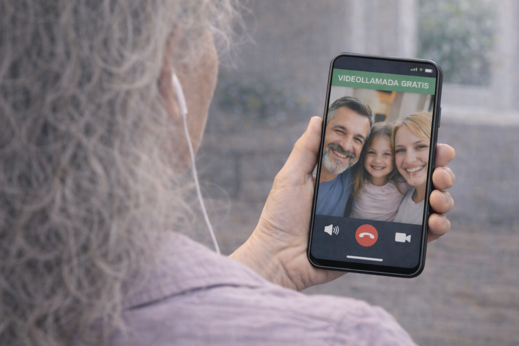 persona mayor sonriendo mientras descubre cómo hacer videollamadas gratis con su familia