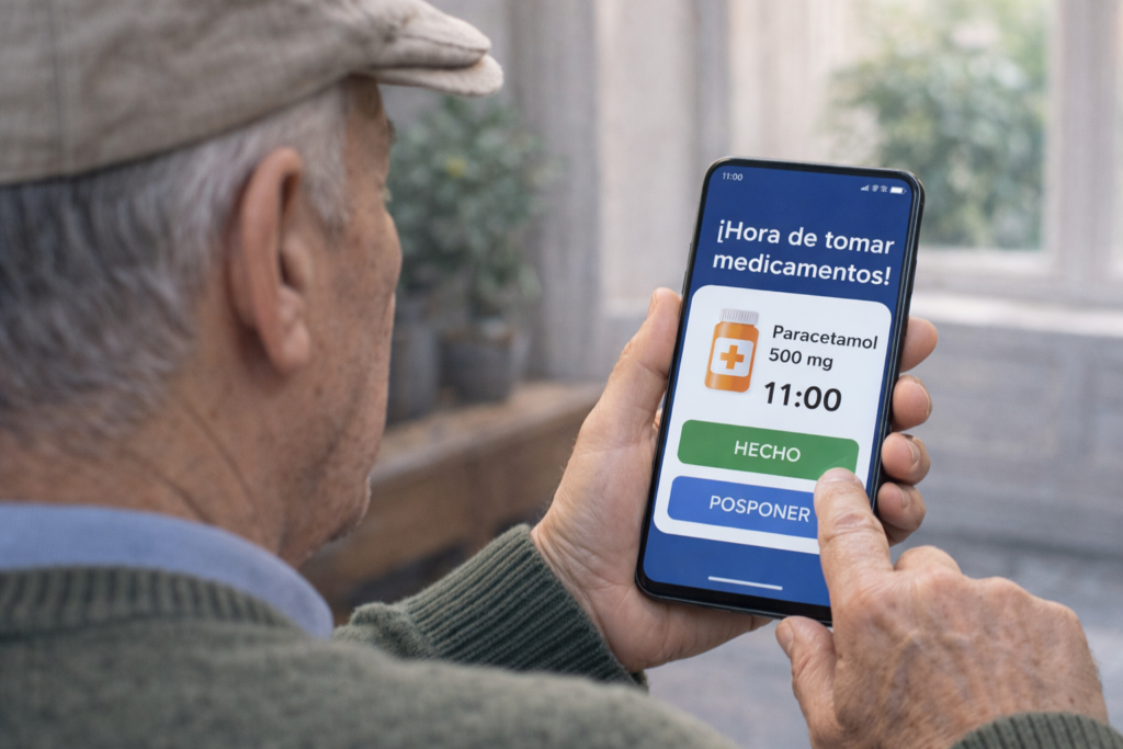 persona mayor mirando un aviso de medicacion en el movil con letras grandes.