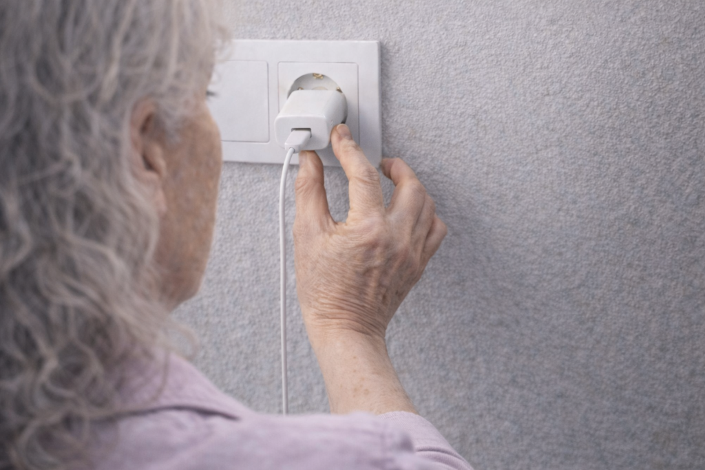 persona mayor revisando la seguridad del cargador de movil en un enchufe de pared