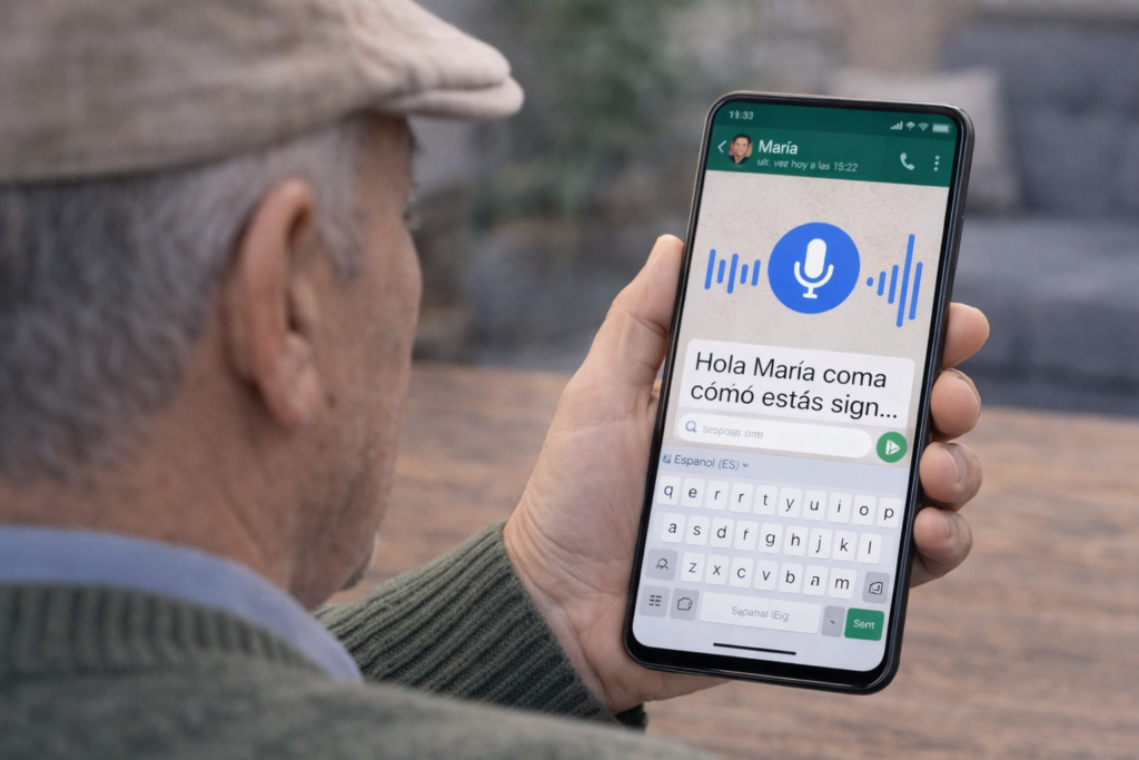 persona mayor usando el dictado por voz para escribir en whatsapp de forma facil.