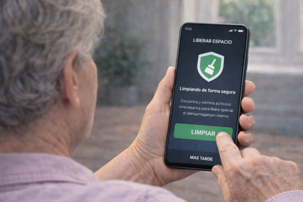 persona mayor realizando los pasos para limpiar el móvil por dentro de forma segura