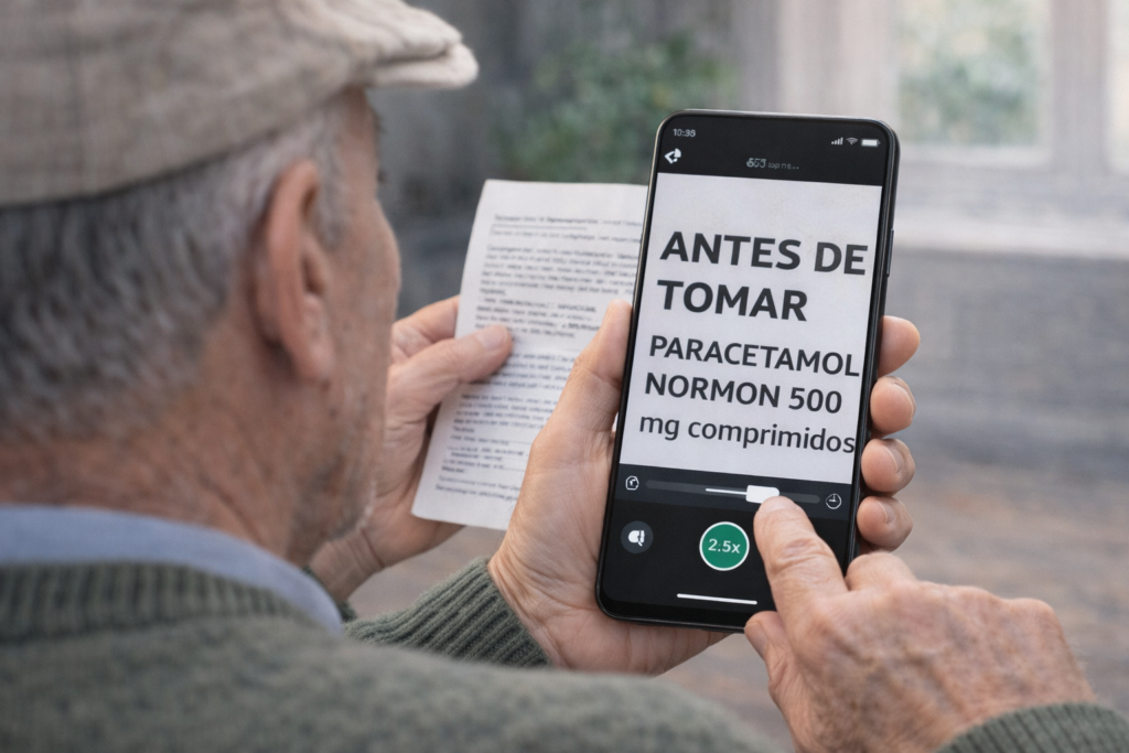 persona mayor usando la funcion de lupa para leer mejor con el movil.