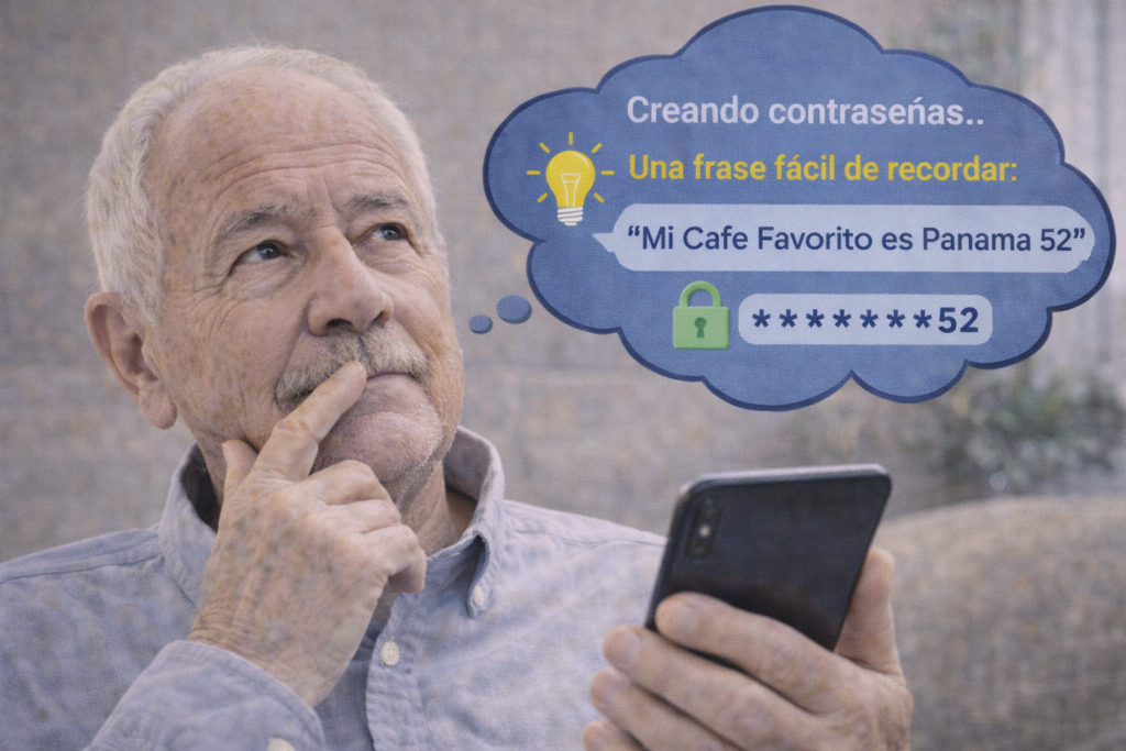 persona mayor pensando en una frase para crear contraseñas seguras y fáciles de recordar