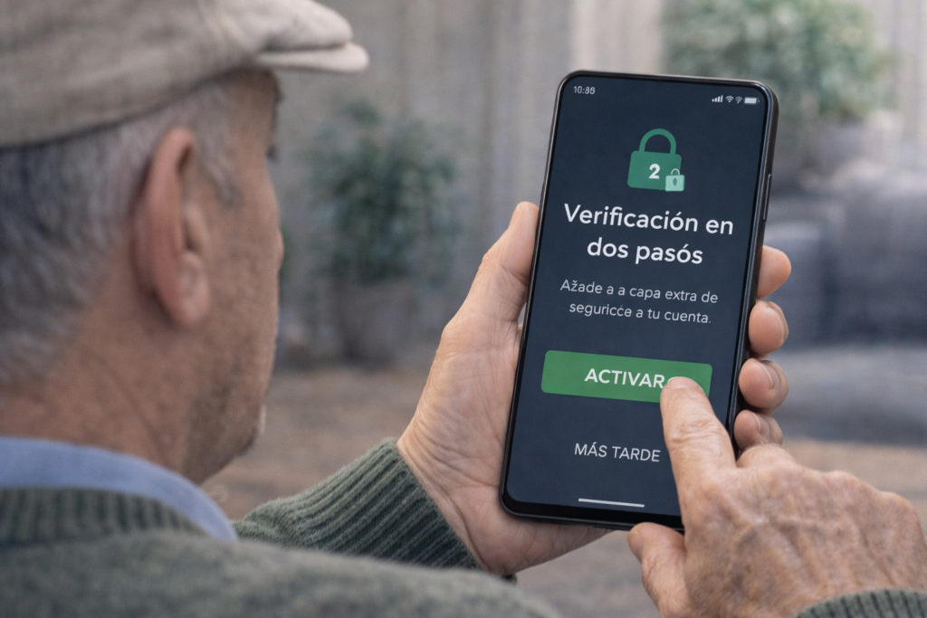 persona mayor activando la verificacion en dos pasos en su móvil para mayor seguridad.